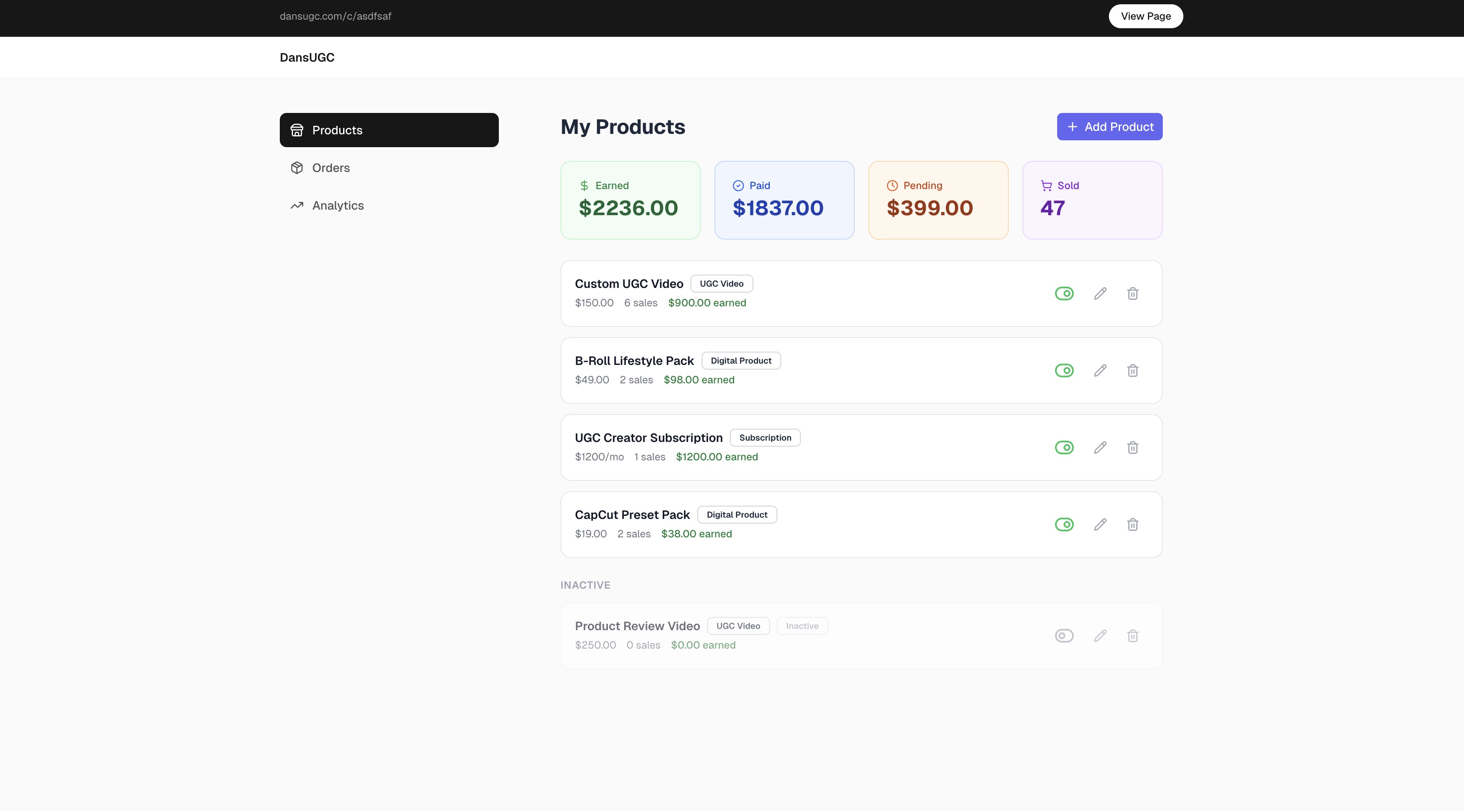 Creator products dashboard