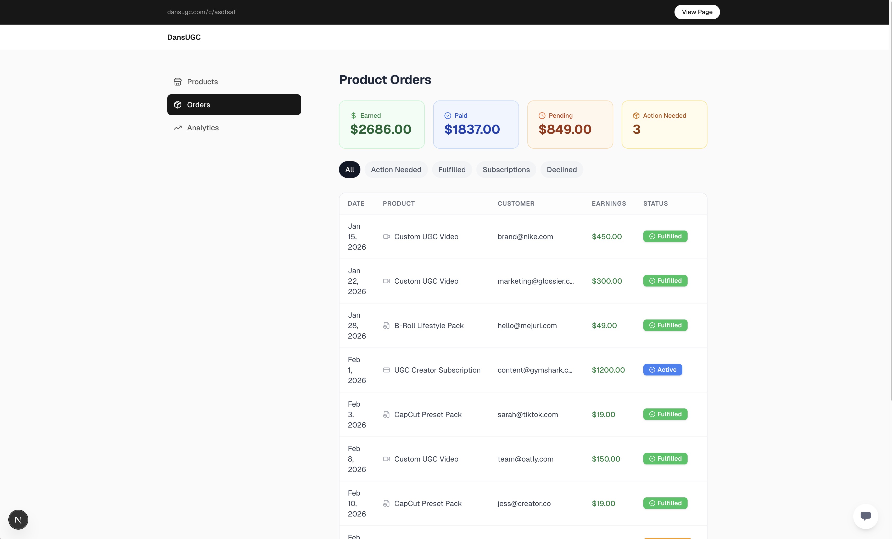 Product orders dashboard